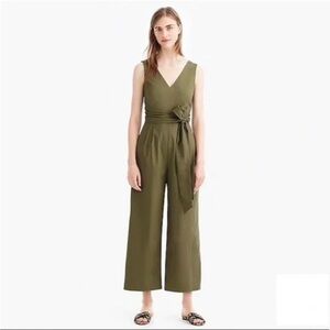 J Crew Wrap-Tie Jumpsuit Stretch Cotton Poplin Wide Leg Crop Sz 0 Olive Green